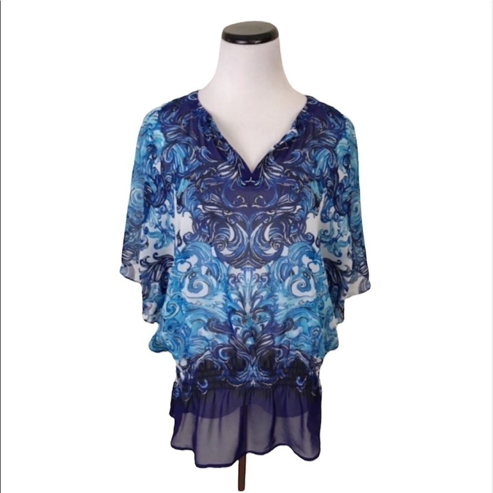 Chicos Swirl Print V-Neck Sheer Blouse Top Blue White Chicos 0 Size Small